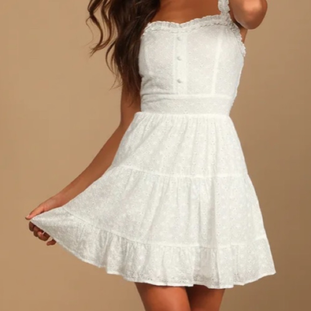 White Tiered Mini Dress with Lace Trim
